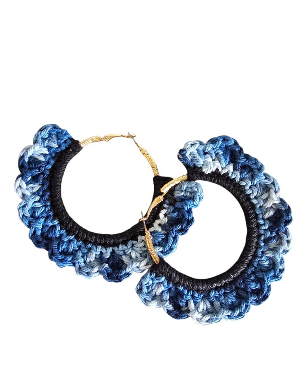Blue Crochet 2" Hoop Earrings Gold Handmade Boho Statement Jewelry Lightweight